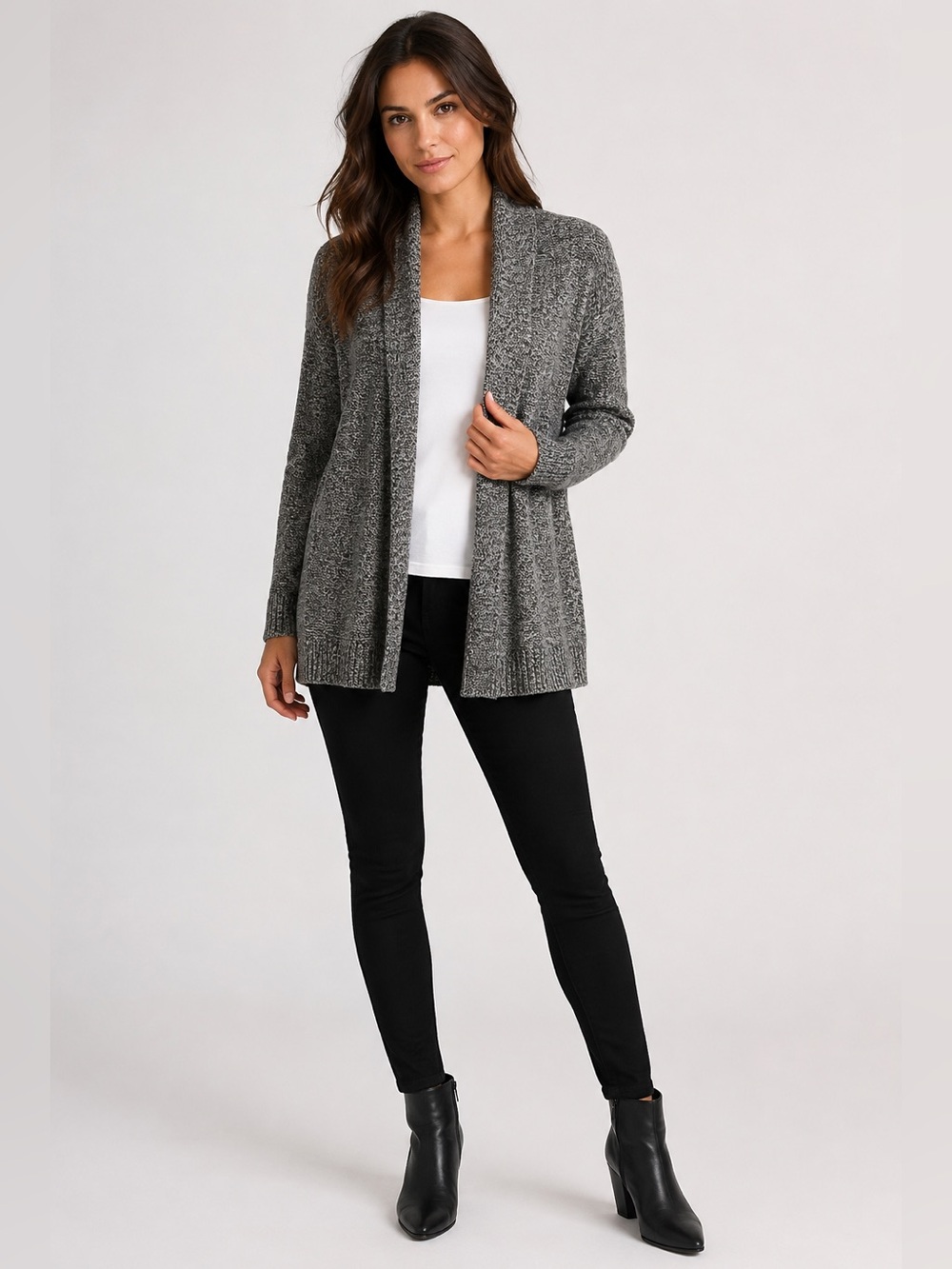 Tahari 100% 2-Ply Cashmere Drape Open Front Cardigan Gray Black Marled L